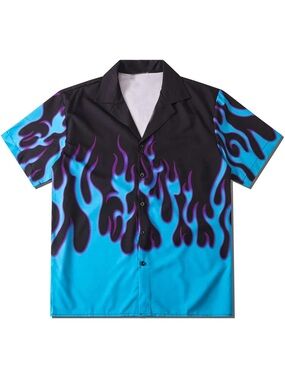 Black Button Front Shirt with Blue & Purple Flame Print